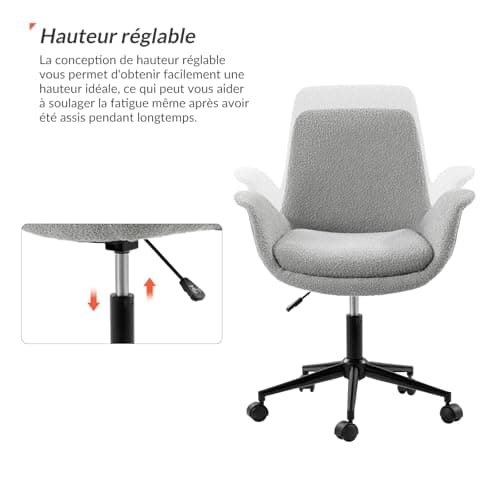 HULALA HOME Chaise de Bureau, Chaise d'ordinateur avec accoudoirs, Hauteur réglable, Fauteuil bouclé en Tissu pour Salon et Chambre à Coucher (Gris)