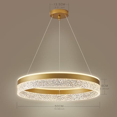 KSIBNW Suspension Luminaire Lustre Salon Dimmables, 36W Moderne LED Lustre Chambre Ajustable Rond Ø50cm Or Lampe à Suspension Anneaux Lustre Suspension en Métal Acrylique, 3000K/4000K/6000K