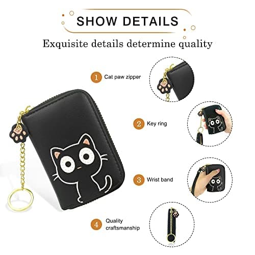 conisy Mignon Porte Cartes de Crédit en Cuir pour Femmes, Protection RFID Petit Portefeuille Fermeture Eclair avec Porte-clés (Chat Noir)