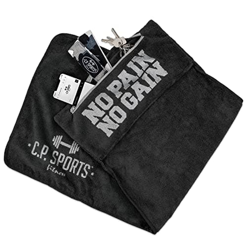C.P. SPORTS Serviette de Fitness en Microfibre | Fixation + Sac avec Fermeture éclair | Gym Training Sport | Extra Doux, Lavable, Longue et Grande | pour Homme et Femme | Couleur Bleu foncé