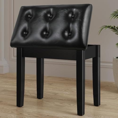 Tabouret de Piano, Siege Piano 55x35x49CM, Chaise Piano avec Espace de Rangement, Pieds en Bois Massif, Banc Piano avec Coussin en Cuir PU de 4CM d'épaisseur, Tabouret Piano Charge Maximale 150KG,Noir