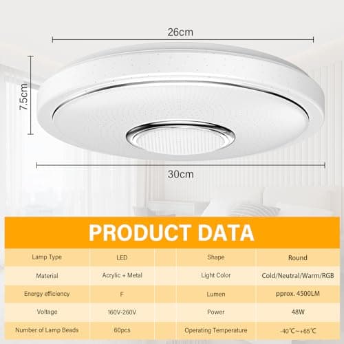 OGVDOE 48W Plafonnier Rond LED Dimmable Changement de Couleur RGB Lampe de Plafond Ø30CM Éclairage de Plafond LED avec Haut-parleur Bluetooth Télécommande et App Contrôle pour Chambre Salon