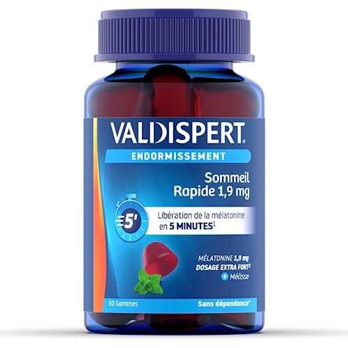 VALDISPERT - Endormissement - Gommes Sommeil Rapide 1,9 mg - Complément Alimentaire À La Mélatonine 1,9mg & extrait Mélisse - Libération En 5 Min - Goût Fruits Rouges - Ingrédients Vegan - 60 Gummies