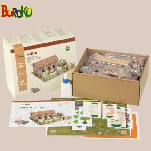 Buroku - Kit de Construction de Ferme | 430 Pièces | Briques en Pierre et Bois | Favorise l'Apprentissage STEM et les Compétences Motrices | Inclus Animaux et Accessoires | Inclus Colle