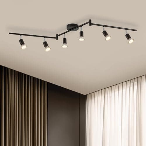Bojim Plafonnier 6 Spots LED Orientable, Pivotants Spot Plafonnier Noir Mat, Moderne Luminaire Plafonnier pour Cuisine, Salon, Chambre, 6 x Ampoules LED GU10 incl (6W, 550lm, 2700K Blanc Chaud)