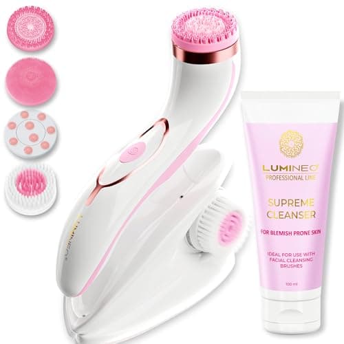 Lumineo brosse nettoyante pour le visage avec gel nettoyant, brosse électrique USB pour le visage pour un nettoyage en douceur et en profondeur (PRO rose (peau impure))