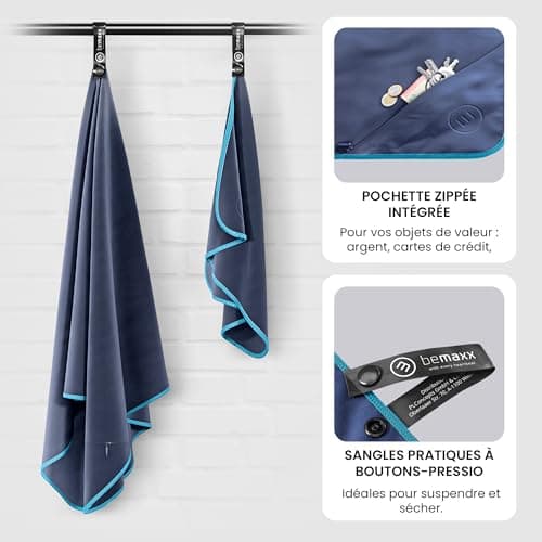 Serviette en microfibres + sac transport | Lot de 2 – Petite & grande: Serviette de bain + mains | Pour la douche | Légères, absorbantes, compactes | Séchage rapide - Sport camping voyage plage (Blue)
