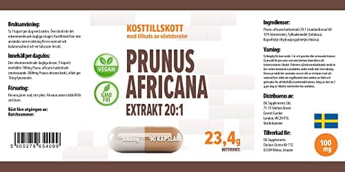 Pygeum Africanum 20000mg Equivalent (100mg d'extrait 20:1) 90 Capsules végétaliennes, Haute résistance, standardisé à 13% de phytostérols, High Strength, Sans Gluten, Sans OGM