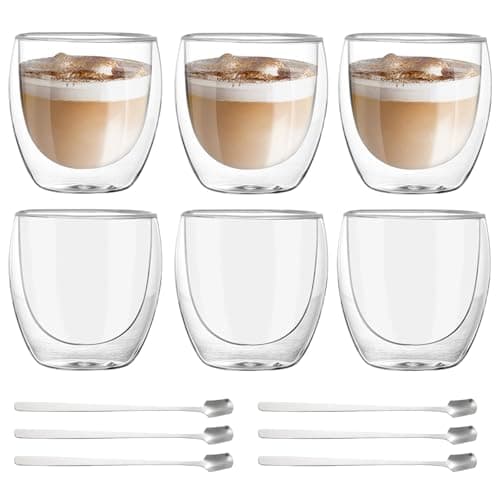 6er Set Tasse a Café Double Paroi, Tasse Double Paroi Expresso, 80 ml Tasses à Expresso en Verre, Tasses à Latte Macchiato acve 6 Cuillères, Verres a Expresso en Verre, Verre a Double pour Thé, Lait