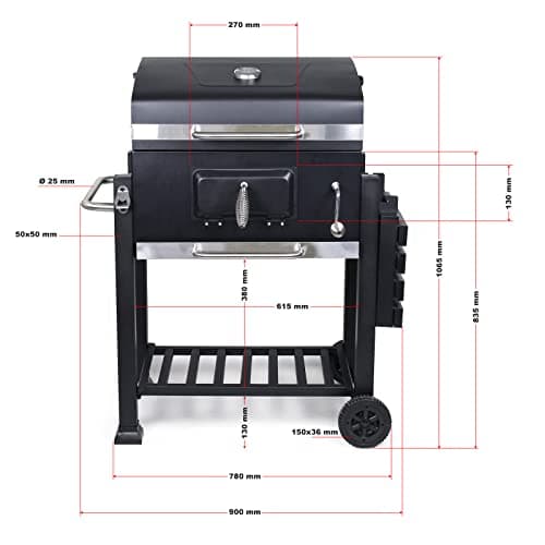 Wiltec Chariot Barbecue à Charbon 1130x475x 1000mm Clapet anti-feu Hauteur réglable Thermomètre Espaces rangement Ouvre-bouteille Grillade Jardin BBQ