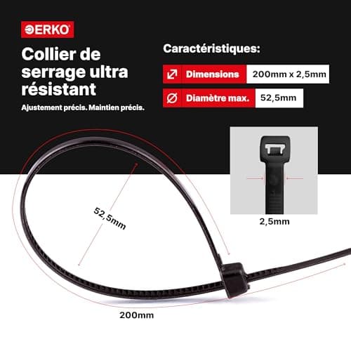 ERKO 100 pièces d'attaches de câble professionnelles 200 x 2,5 mm Poignée d'attache de câble couleur blanc, résistante à la température