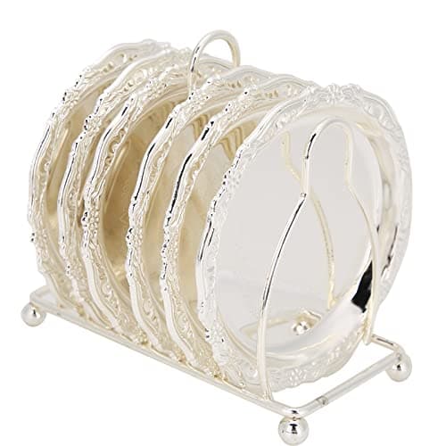 Tomotato 6 Pièces Dessous de Verre, 10cm sous-Verre Ronde en Métal Rétro de Style Européen avec Support, Tapis de Tasse Antidérapants pour Mariage, Dîners, Restaurant, Hôtel(Argent)