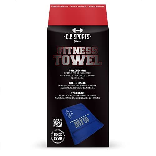 C.P. SPORTS Serviette de Fitness en Microfibre | Fixation + Sac avec Fermeture éclair | Gym Training Sport | Extra Doux, Lavable, Longue et Grande | pour Homme et Femme | Couleur Bleu foncé