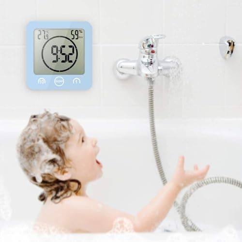 Horloge de Salle de Bain, Horloge de Douche Contrôle Tactile étanche, Alarme Numérique LCD, Thermomètre Hygromètre, Minuterie de Compte à Rebours, Alimenté par Pile, pour Maquillage Cuisine (Bleu)
