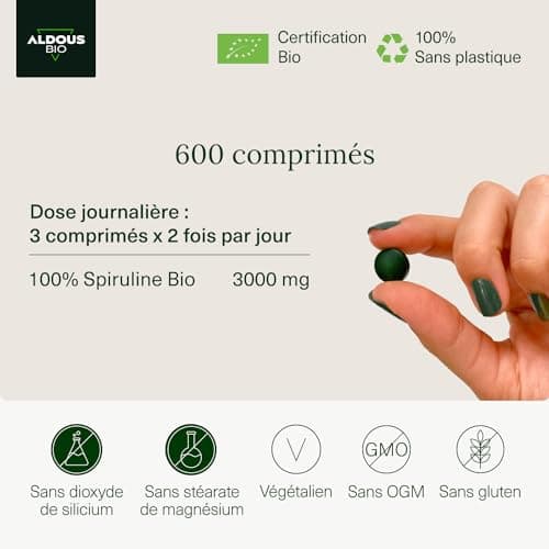 Spiruline Bio Comprimés | 600 Comprimés | Dose 3000mg | Detox - Riche en Phycocyanine & en Protéines | Complement Alimentaire Fatigue & Immunité Adulte | Minéraux & Vitamines | Sans Plastique