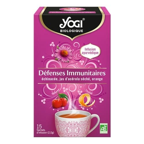 Yogi Biologique Défenses Immunitaires, Infusion 100% Bio Échinacée, Jus d'Acérola séché et Orange, 15 Sachets thermosoudés et sans agrafe, 24 g, 311016