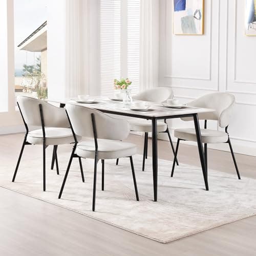 WOLTU Lot de 4 Chaises Salle à Manger, Chaise de Cuisine, Chaise Velours, Siège Rembourré, Chaise Scandinave, avec Dossier et Accoudoirs, Pieds en Métal, Crème, BH389cm-4