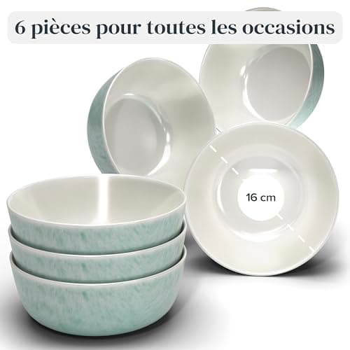 Ensemble 6 Bols Céréales Grès Ibiza - Muesli, Lave-vaisselle, Micro-ondes - Petits Bols Assiettes Creuses, Pure Living turquoise, Service de Table Élégant
