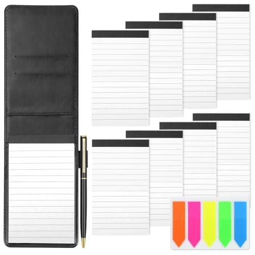 SHAIDOJIO 11PCS Bloc Notes de Poche A7, Noir PU Cuir Petit Carnet de Notes de Poche avec 50 Feuilles Lignées, Mini Carnet Notes avec 8 Bloc-Notes de Remplacement 1 Stylo Métallique et 100 Index Tag