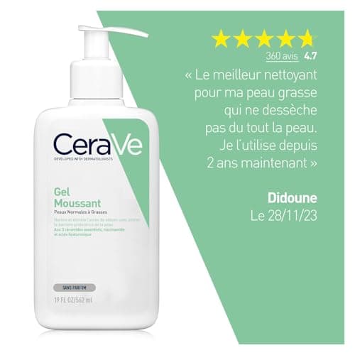 CeraVe - Gel Moussant - Nettoie & Elimine l'Excès de Sébum Sans Altérer la Barrière Cutanée - Acide Hyaluronique, Céramides & Niacinamide - Peau Normales à Grasses - 562 ml