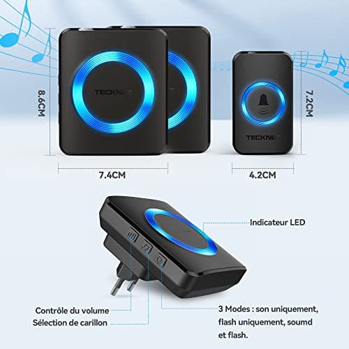 TECKNET Sonnette sans Fil, IP65 Exterieur Étanche Carillon 400 Mètres Two Récepteur Sonnette Electronique, 60 Mélodies 5-Niveaux LED Bleu, pour Maison, Hôtel, Urgence