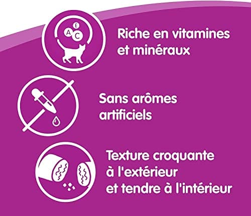 WHISKAS LES IRRESISTIBLES Friandises pour Chat Poulet & Fromage - 10 Boîtes de 105g Refermables pour une Meilleure Conservation, Sans Arômes Artificiels, Idéal pour Partager un Moment de Complicité