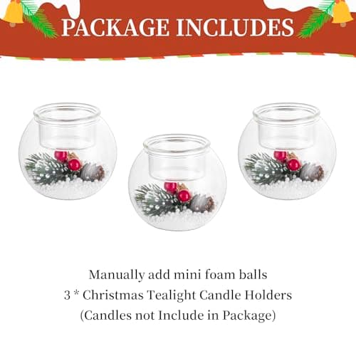 Glasseam Bougeoir De NoëL en Verre : Lot De 3 Photophores Bougeoirs De NoëL DéCoratifs avec des Baies Rouges Et des Pommes De Pin pour Les Centres De Table Cadeau