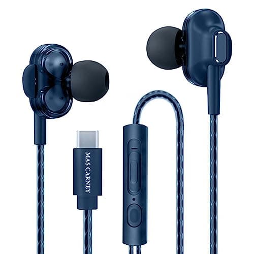 MAS CARNEY Écouteurs USB C TI9, Double Haut-Parleurs Intégrés, Puce Numérique Intégrée, Microphone, Télécommande, Écouteurs Intra-Auriculaires Compatibles avec Les Samsung, Huawei, Pixel, iPad, Bleu