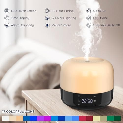 Sejoy Diffuseurs d'huiles essentielles 400 ml, diffuseur d'aromathérapie coloré, humidificateur silencieux pour chambre à coucher, minuterie de 8 heures et affichage de l'heure, 17 lumières de