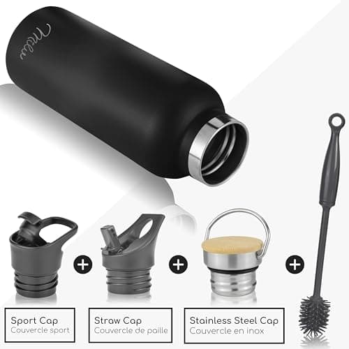 Milu Gourde en acier inoxydable avec gravure 350ml 500ml 750ml 1000ml (+3 couvercles) - Idée cadeau cadeau personnalisé avec prénoms Noël pour hommes femmes maman papa amis | (1000ml + gravure)