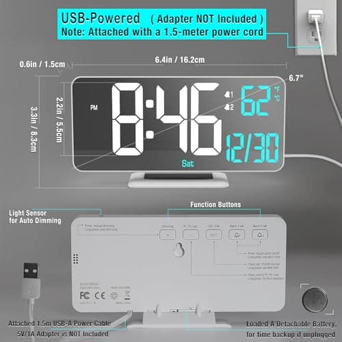 KOSUMOSU Horloges numériques LED pour Chambre à Coucher, 6,7 Pouces, réveil numérique, Fonction de Gradation, 12/24 Heures, Date, Jour de la Semaine, température, Horloge de Table, Horloge LED pour
