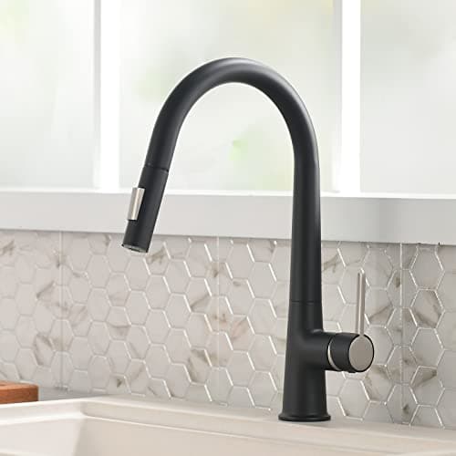 TIMACO Robinet de cuisine noir haute pression extensible pivotant à 360 °, mitigeur de cuisine avec douchette, deux motifs d'écoulement