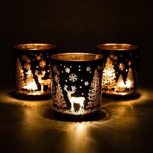 Toptime Set de 3 Bougeoir Noel, Photophore en Verre Noir et Doré pour Centre de Table Noel, Pot en Verre pour Bougie avec Arbre de Noël, Renne, Flocons de Neige, Photophore Bougie pour Le Nouvel an