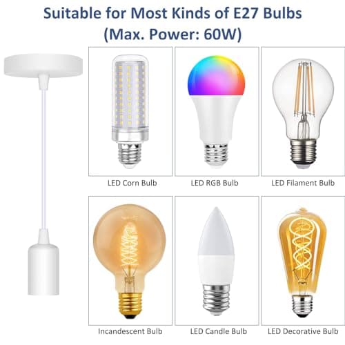 Caldarax Lot de 2 Suspension E27 en Métal, Câble Réglable 100CM, E27 Porte Lampe Suspension, E27 Pendentif Suspendues Accessoires, pour Éclairage au Plafond Salon, Chambre(Blanc)