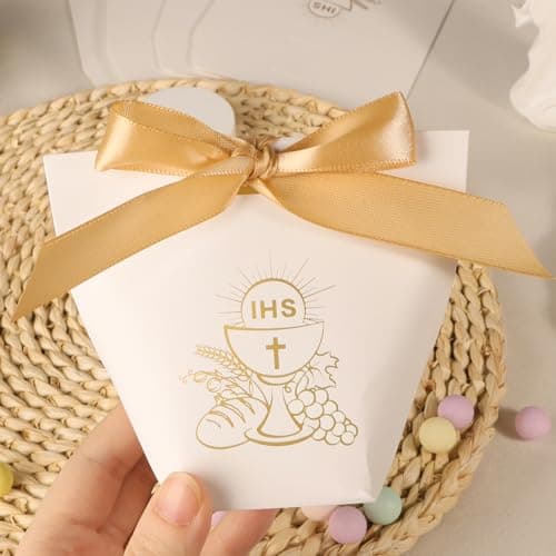 24Pcs Boîte Dragée Sachet Bonbon Ballotin Cadeau Blanc pour Fête Baptême Communion Confirmation Mariage avec Ruban (Graal)