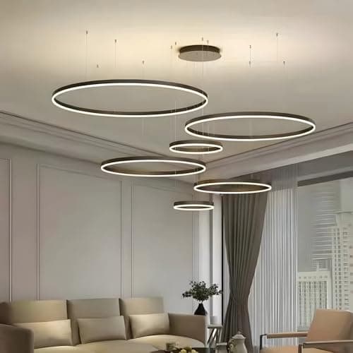 YYUTLUO Lustre LED Moderne DIY Cercle | 5 Noire Anneaux :20+40+60+80+100cm=130W | Éclairage Suspendu LED Métal+Acrylique Télécommande Intensité Variable 2,4G Lampe Suspendue Plafond Ronde Salon