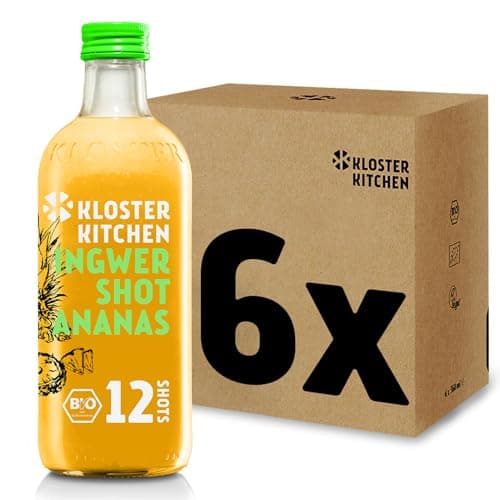 Kloster Kitchen Lot de 6 shots de gingembre bio - 360 ml - Avec véritables morceaux de gingembre - Végétalien - En verre - Doux et épicé - Sans additifs et avec une douceur naturelle