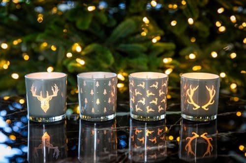 EDZARD Lot de 2 photophores en Verre ETO (Hauteur 8 cm, Ø 7 cm), Gris, photophore avec Motif cerf