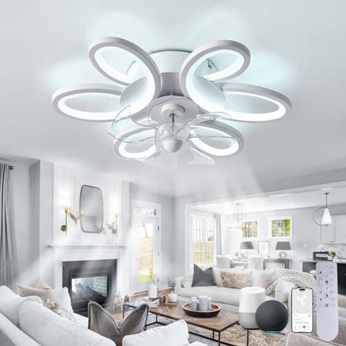 LED Ventilateur Plafond Avec Lumiere Alexa Silencieux Dimmable Fleur Lustre Ventilateur De Plafond Chambre Télécommande Réversible Lampe Ventilateur Intelligent Moderne 65cm Pour Salon, Cuisine