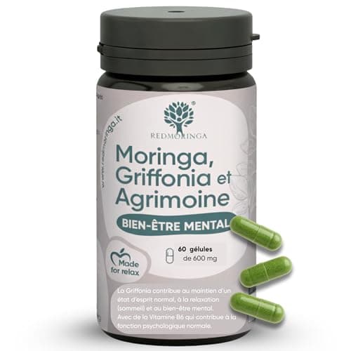 Griffonia 300mg 5-HTP Tryptophane | Avec Agrimony fleur de bach stress anxiété, Vit B6, Moringa BIO | Unique en France | Complément stress anxiété angoisse, BienÊtre Mental | RedMoringa 60 Gélules