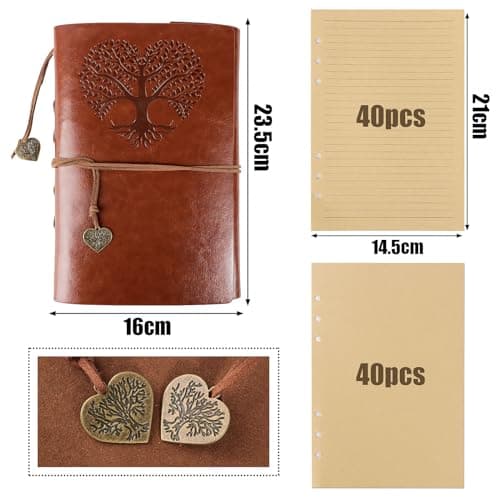 COLOFALLA Carnet de Voyage Vintage Cahier Portable Note en Cuir avec Pendentif Carnet à Spirales Rechargeable avec Motif Arbre en Forme de Cœur Journal Cadeau