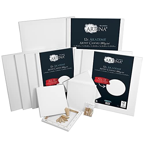 Artina Set de 12 Toiles FSC® Akademie 30x40, 20x20, 20x30, 30x30 & 40x60 cm – Toiles à Peindre 100% Coton 280 g/m2 – Set de Châssis Entoilés pour Peinture à l'huile, Acrylique, Aquarelle