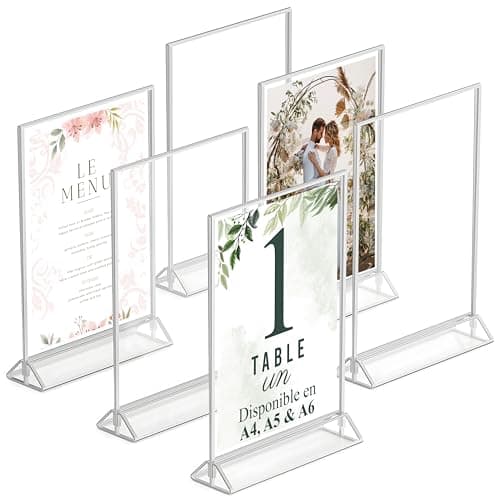 Dasher Products Cadres Photos Argent Double Face A5 - Pack de 6 - Porte-numéros de table argent en acrylique, chevalets de table transparents pour affiche, porte-menus, cadres photos ...