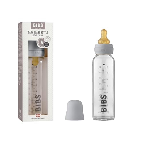 BIBS Baby Glass Bottle. Anti-colique. Embout rond en latex de caoutchouc naturel. Favorise l’allaitement naturel, 225 ml, Cloud