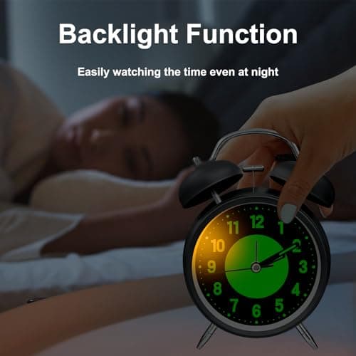 ALEENFOON Réveil Double Cloche avec Veilleuse, Réveil à Aiguilles Vintage Retro Silencieuse sans Tic-Tac, Réveil Lumineux Quartz pour Les Gros Dormeurs, Fonctionne à Piles (Noir)
