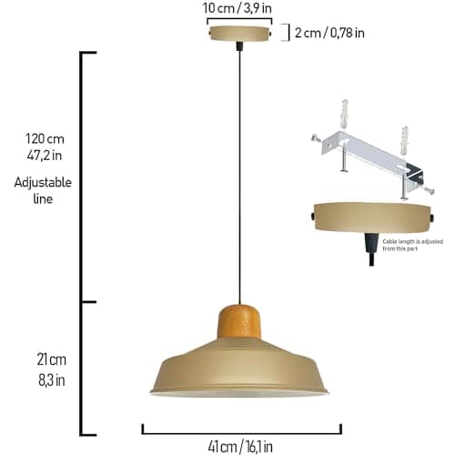 bamyum Asletl Plafonnier Industriel en Bois, Abat-Jour 41cm, Plafonnier et Îlot de Cuisine en Métal, Lampe Suspendue Table à Manger, E27 Salon Salle à Manger, Beige Suspension