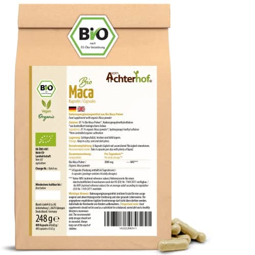 Gélules de maca bio 400 pièces | Recharge | hautement dosé avec 3000mg de poudre de maca par dose journalière | végétalien | 100% pure racine de maca du Pérou | vom Achterhof