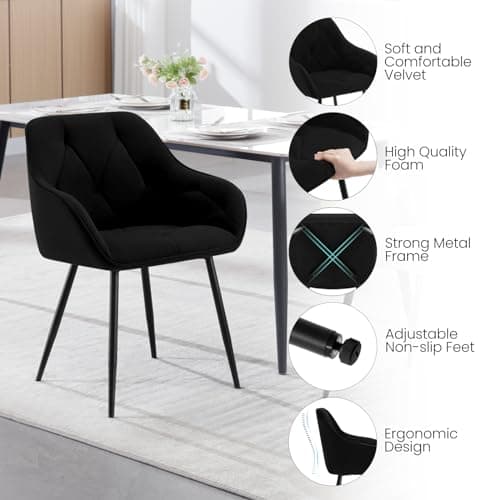 WOLTU Lot de 6 Chaises de Salle à Manger, Chaises de Cuisine Rembourrées avec Dossier, Accoudoirs, Pieds en Métal, pour Salon, Bureau, Coiffeuse, en Velours, Noir, EZS02sz-6