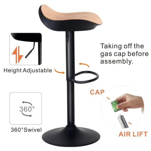 YOUNIKE Tabouret de Bar Noir Chaise Haute de Bar, Hauteur Réglable et Pivotant 360° Tabouret Design Siège en Grain de Bois, Tabouret pour Bar Cuisine et Comptoir Lot de 2