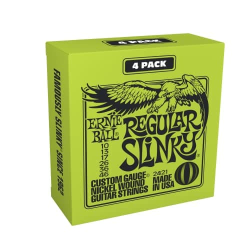Ernie Ball Regular Slinky Exclusivité Amazon Pack de 4 jeux de cordes filées en nickel pour guitare électrique, calibre 10-46